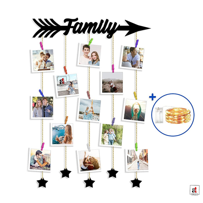 Art Street Family MDF Plaque Clip Photo Frame Collage Hanging Frame with Wooden Clips with LED Lights- Black - Size - 18.5 x 32 Inchs