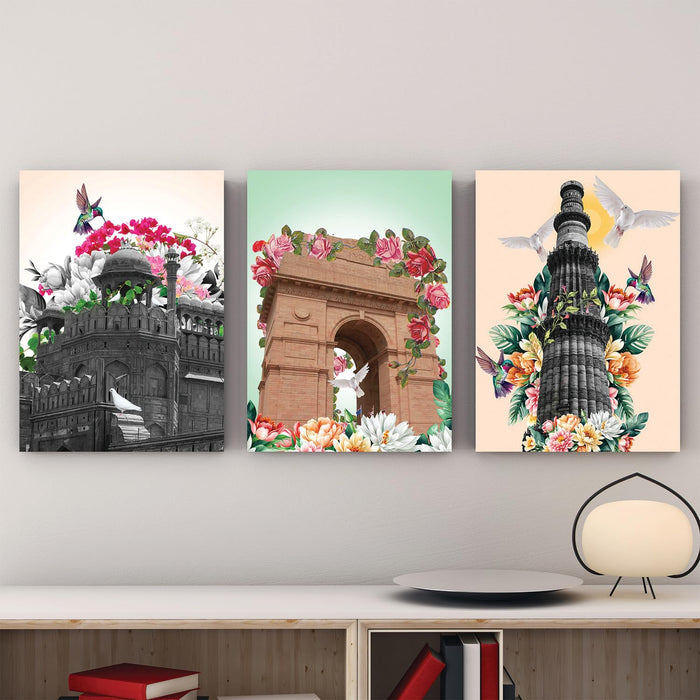 Art Street Stretched On Frame Canvas Painting Qutub Minar & India Gate Art, Abstract Art (Set of 3, Size: 16x22 Inch)