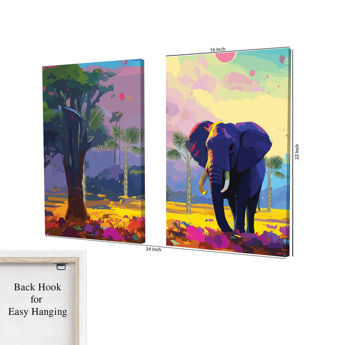 Art Street Stretched On Frame Canvas Painting Sunset With Elephant Art, Abstract Art (Set of 2, Size: 16x22 Inch)
