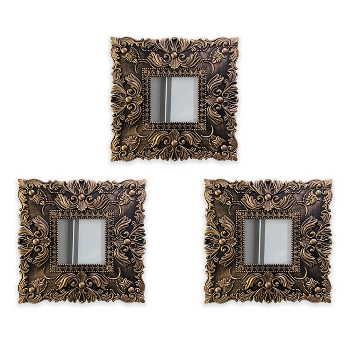Art Street Vintage Wooden Wall Mirror Antique Finish, Square Shape Brown Decorative Home Decor for Living Room Decoration, Set of 3 (Size - 10 X 10 Inchs)