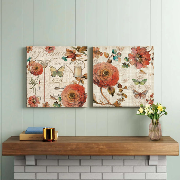 Art Street Decorative Red Floral Stretched Canvas Painting for Home Décor (Set of 2, 12 X 12 Inches)