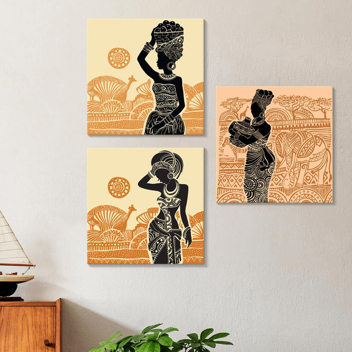 Art Street Stretched Canvas Painting Black African Lady for Living Room (Set of 3, Size: 12x12 Inch)