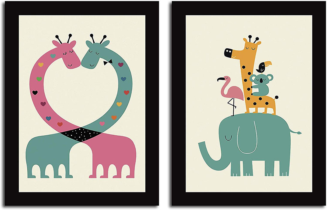 Cartoon Animal Theme 2 Poster Set With Frame Size - 13.5 x 17.5 Inch