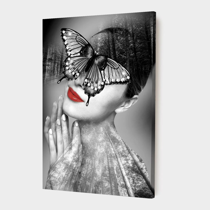 Art Street Stretched On Frame Canvas Painting Women Butterfly Art (Size: 16x22 Inch)