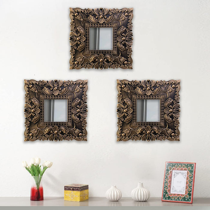Art Street Vintage Wooden Wall Mirror Antique Finish, Square Shape Brown Decorative Home Decor for Living Room Decoration, Set of 3 (Size - 10 X 10 Inchs)