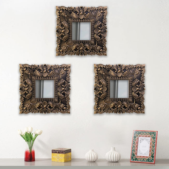 Art Street Vintage Wooden Wall Mirror Antique Finish, Square Shape Brown Decorative Home Decor for Living Room Decoration, Set of (Size 10 X 10