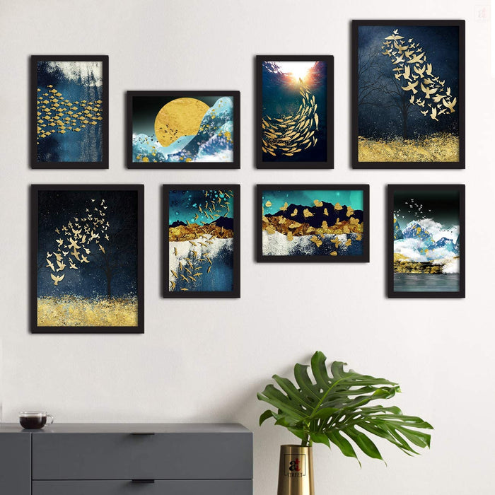 Art Street Framed Painting/Posters of Ocean Galaxy for Room Decoration, Set of 8 Black Frame Art Prints/Posters for Living Room (2 Units A3 & 6 Units A4)