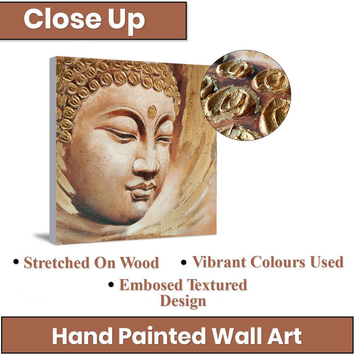 Art Street Canvas Peaceful Buddha Hand Painted Wall Painting Stretched On Wood Foiling Embossed Textured Wooden Decorative Art Original Oil Painting For Home Wall Decoration (Gold, 31x31 Inches)