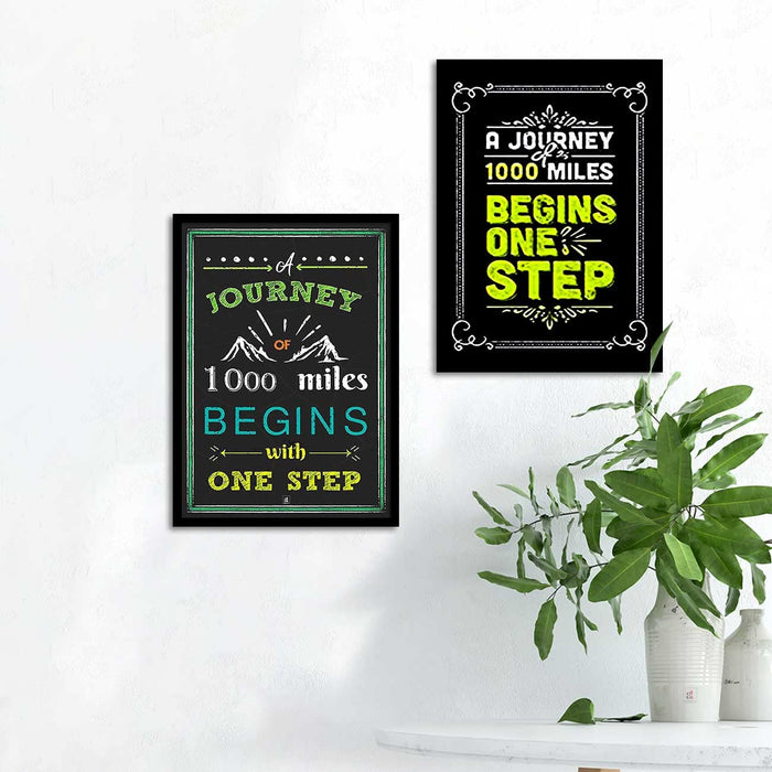Motivational Art Prints Journey 0f 1000 Miles Begins with One Step Wall Art for Home, Wall Decor & Living Room Decoration (Set of 2, 17.5" x 12.5" )