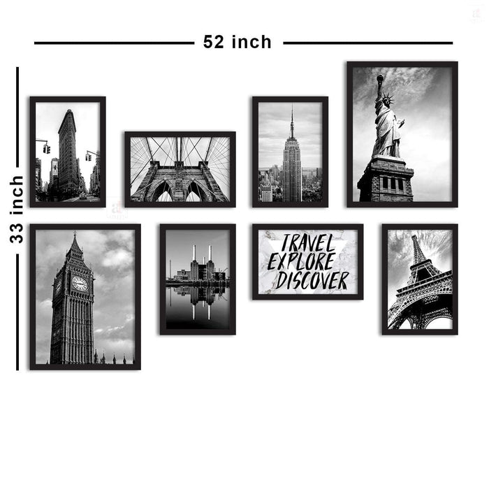 Art Street Set of 8 Travel Explore Discover Framed Painting for Room Decoration (Black Frame, 2 Units A3 & 6 Units A4)