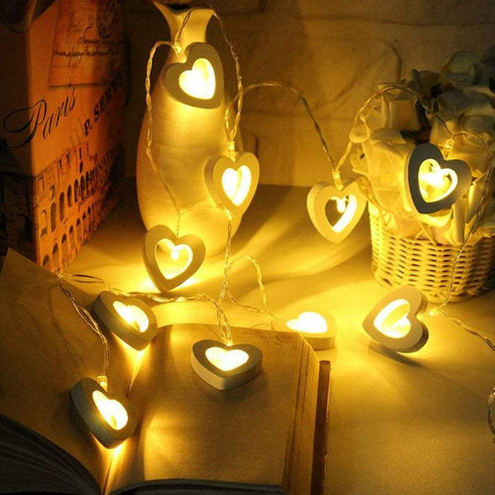 10 Wooden Love Shape LED Bulb Decorative String Light Battery Powered, Color - Warm White