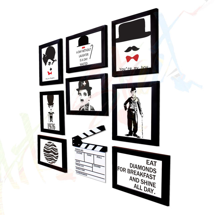 Charlie Chaplin set of 8 individual Black wall photo frame with prints + white movie action board Black ( Size 6x8)