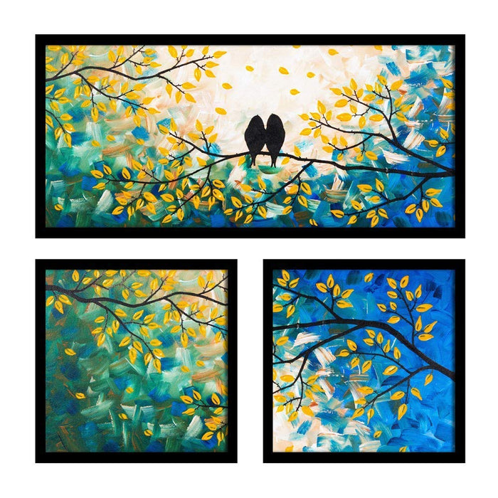 Art Street Floral Love Bird Theme in Blue Green Background Framed Printed Set of 3 Wall Art Print