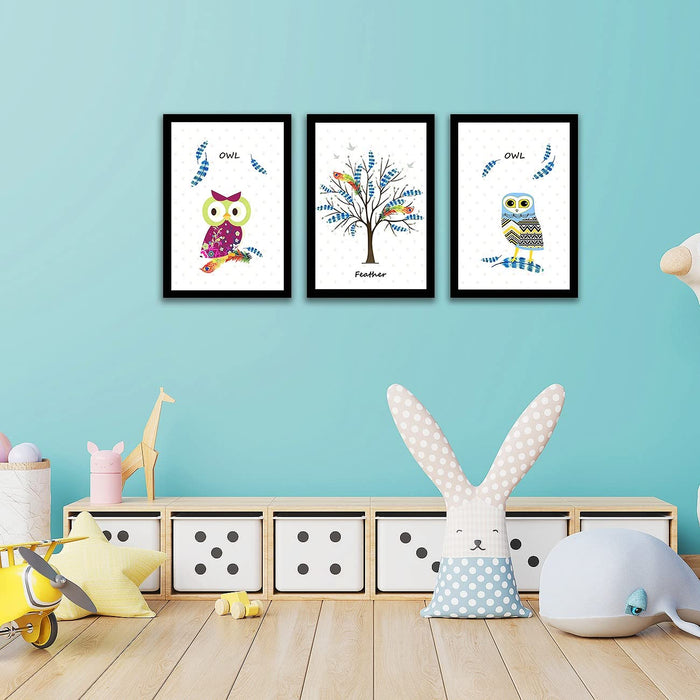Art Street Joy Tree Owl Framed Art Print for Home, Kids Room, Wall Hanging Decor & Living Room Decoration I Modern Luxury Decorative gifts (Set of 3, 9.4 x 12.9 Inches)