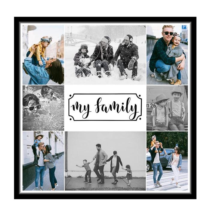SNAP ART Personalized Gift Canvas Collage Print With 8 Images And My Family Texts (13x13 Inch, Black)