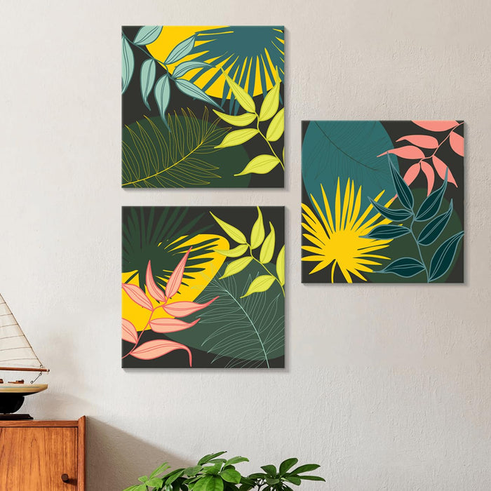 Art Street Stretched Canvas Painting Botanical Abstract Yellow Leaf for Living Room (Set of 3, Size: 12x12 Inch)
