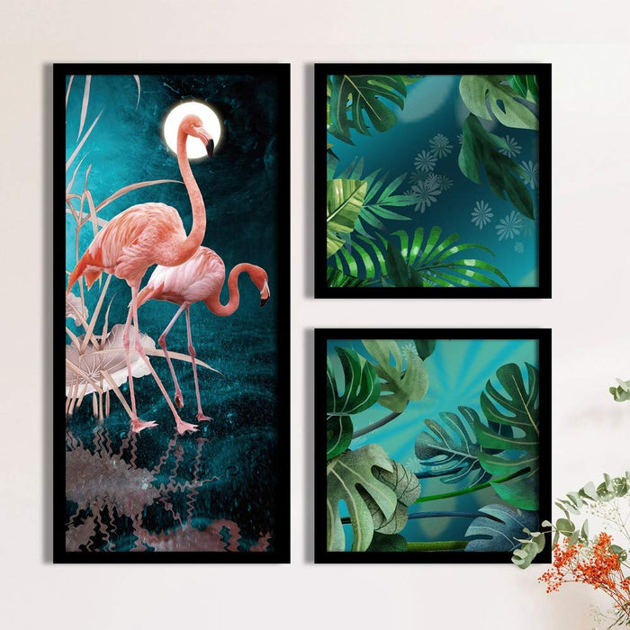 Art Street Flamingo Floral Set of 3 Black Frame Art Prints/Posters (1 Units 22 x 47 cm, 2 Units 22 x 22 cm)