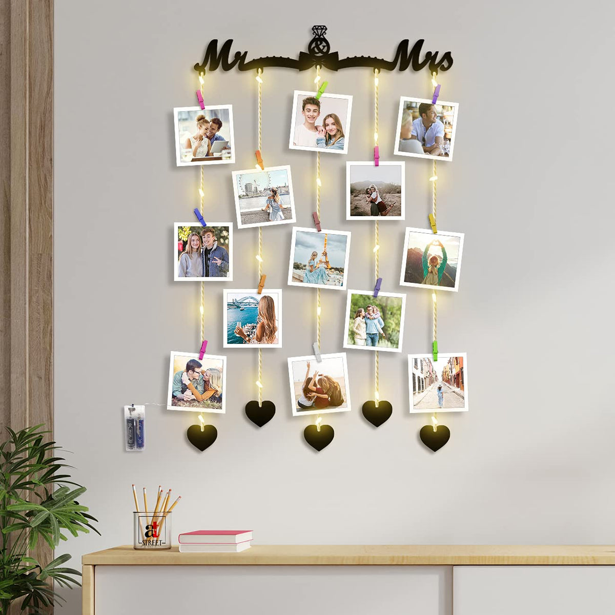 Art Street Mr & Mrs MDF Plaque Wooden Clips with LED Lights - Black ...