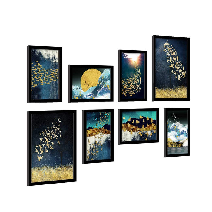 Art Street Framed Painting/Posters of Ocean Galaxy for Room Decoration, Set of 8 Black Frame Art Prints/Posters for Living Room (2 Units A3 & 6 Units A4)