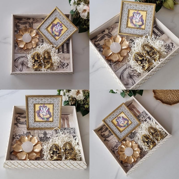 Art Street Diwali Gift Hamper Combo Set, Handmade Decorative & Serving Tray, Table Photo Frame, Traditional Laxmi & Ganesh Statue with Lotus Design Diya for Pooja Decor (White, 11x11 Inch Tray)