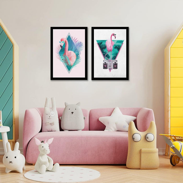 ‎Art Street Pink Robert Farkas Flamingo Framed Art Print For Kids Room, Home, Office, Wall Hanging Decor & Living Room Decoration I Modern Luxury Decorative gifts (Set of 2, 9.4 x 12.9 Inches)