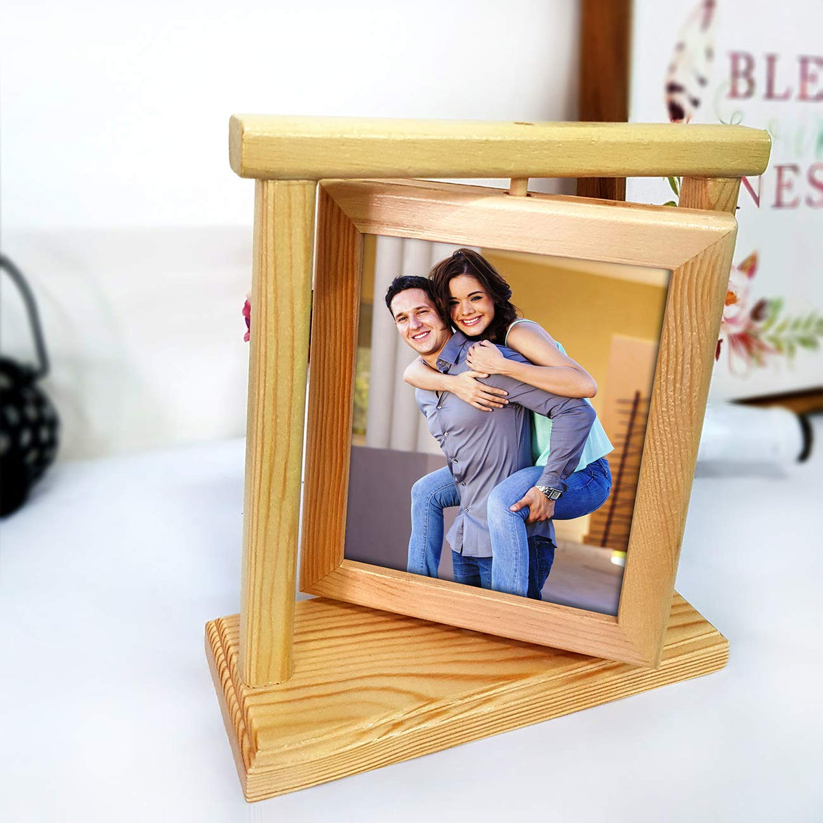 Rotating Photo Frame Double Sided Wooden Picture Frame 5'' x 7'' Inch