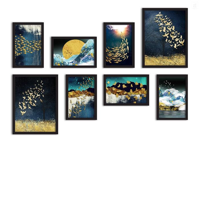 Art Street Framed Painting/Posters of Ocean Galaxy for Room Decoration, Set of 8 Black Frame Art Prints/Posters for Living Room (2 Units A3 & 6 Units A4)