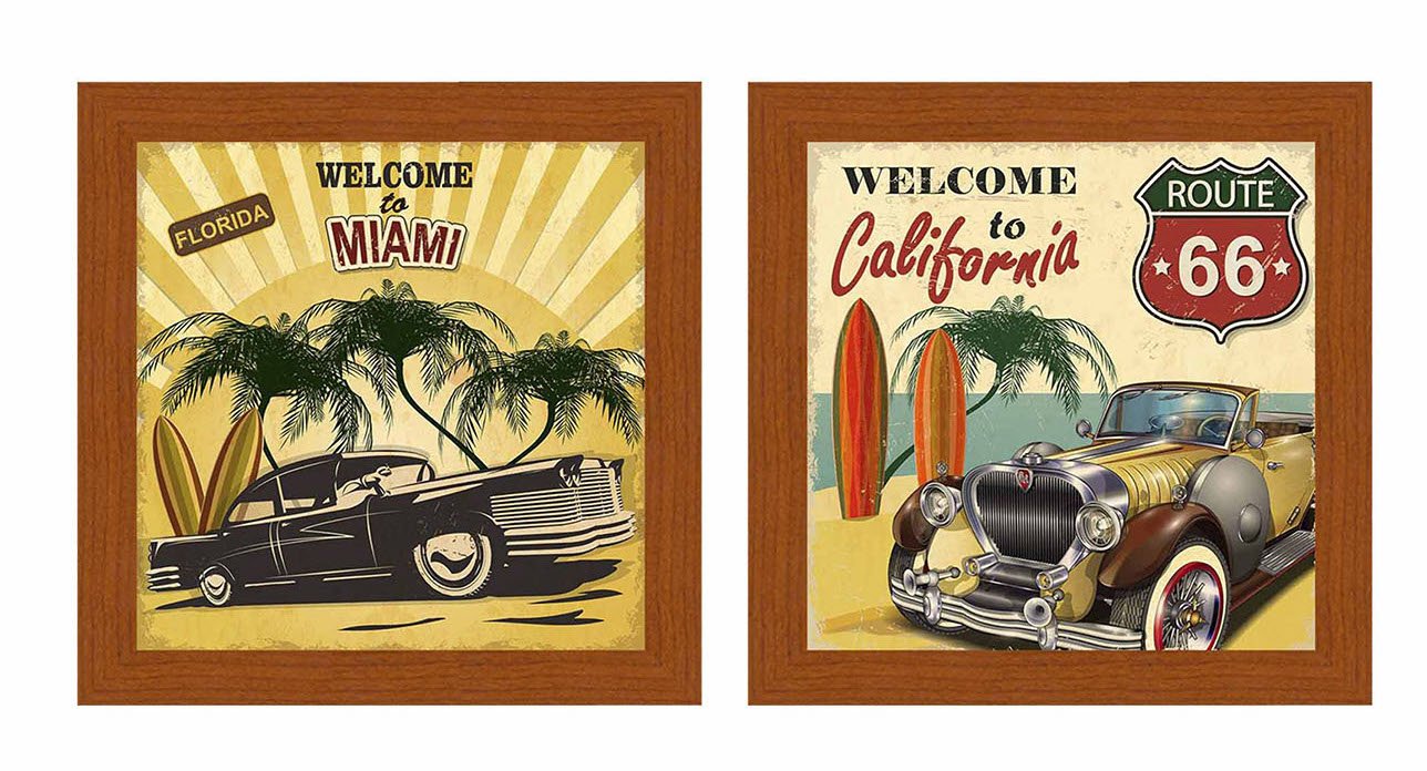 Art Street 'Route 66 Welcome to california Framed Poster (MDF Wood,10x10 Inch set of 2) Miami:Florida