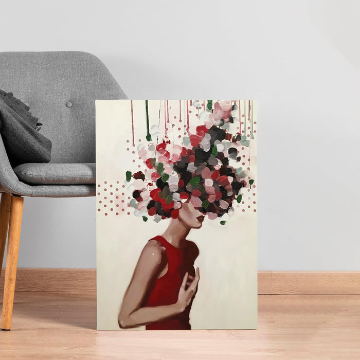 Art Street Stretched On Frame Canvas Painting Cranberry Red Flower Girl Art (Size: 16x22 Inch)
