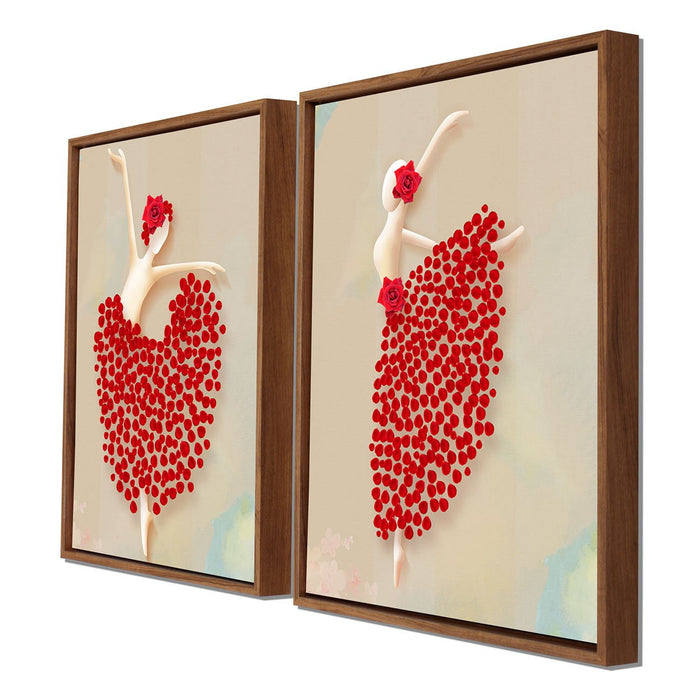 Red Floral Dancing Lady Framed Canvas Painting Set of 2 Wall Art Print For Home Decor -13x17Inch