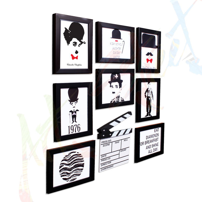 Charlie Chaplin set of 8 individual Black wall photo frame with prints + white movie action board Black ( Size 6x8)