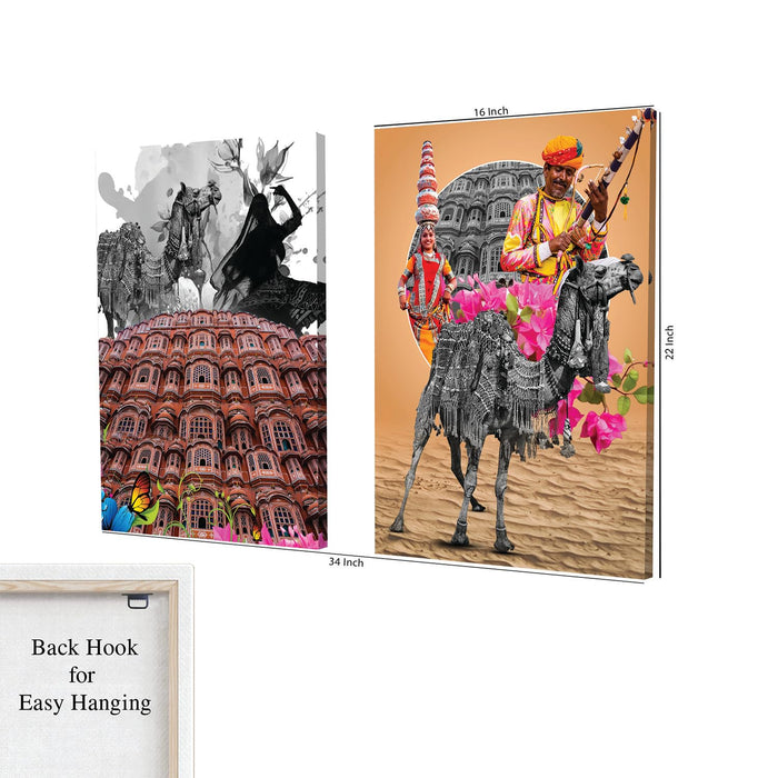 Art Street Stretched On Frame Canvas Painting People and Traditions of Jaipur Art, Abstract Art (Set of 2, Size: 16x22 Inch)