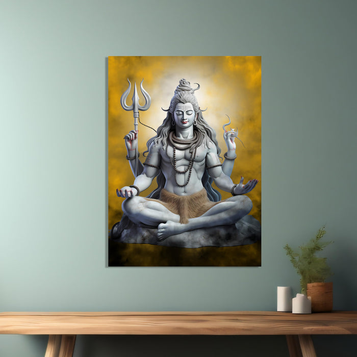 Art Street Stretched Canvas Painting Divine Lord Shiva With Trishul Meditation Wall Art Print Home & Wall Décor (Size: 16x22 Inch)