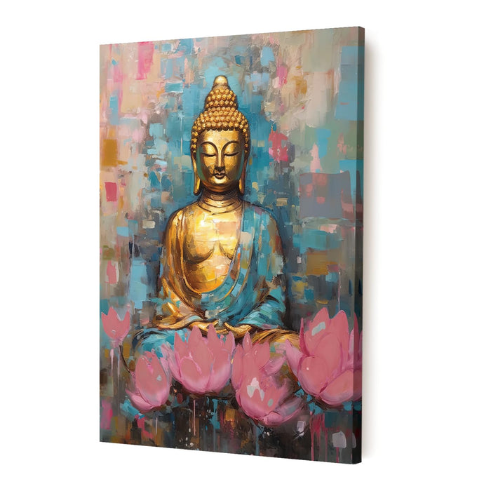 Art Street Stretched On Frame Canvas Painting Peaceful Lord Buddha with Flowers Art For RoomDécor Abstract Art (Size: 16x22 Inch)