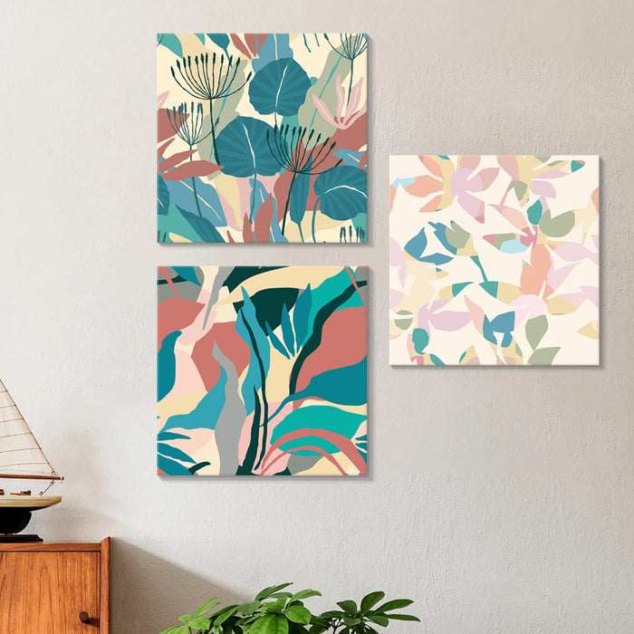 Art Street Stretched Canvas Painting Botanical Abstract Green Pink Leaf for Living Room (Set of 3, Size: 12x12 Inch)