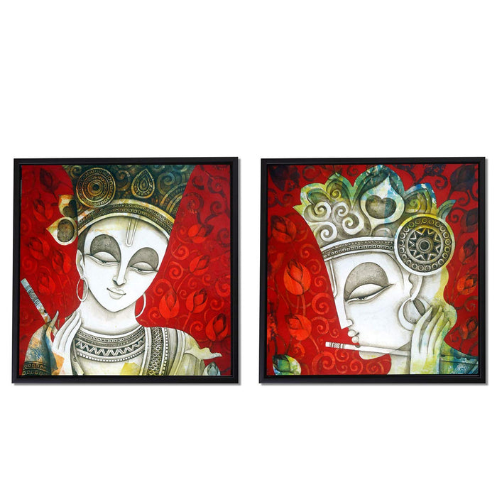 Sri Krishna Theme in Red Background Framed Canvas Painting