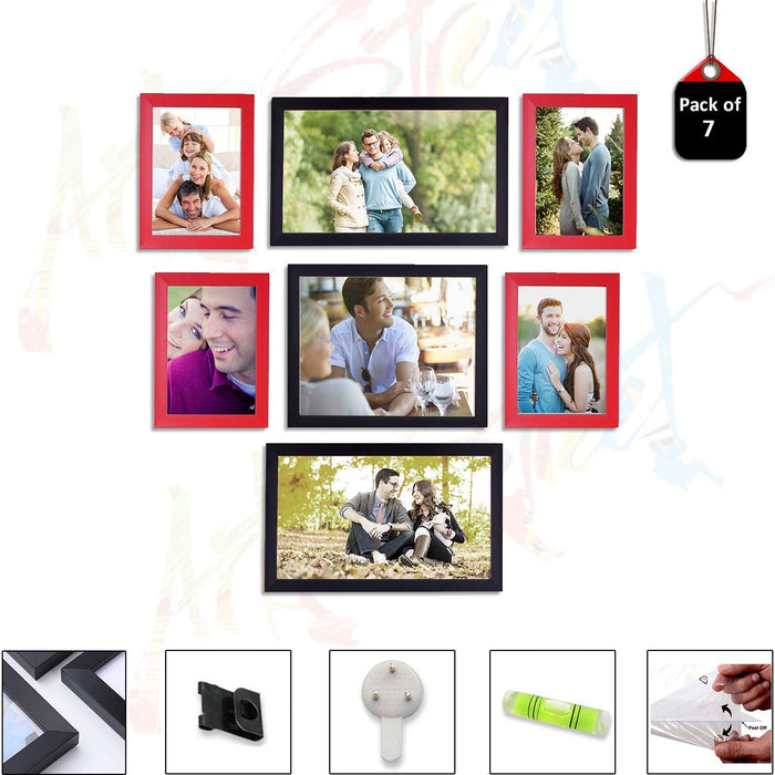 Set of 7 Individual Red & Black Wall Photo Frames Wall Decor Set ( Size 4x6, 6x10, 8x10 inches )