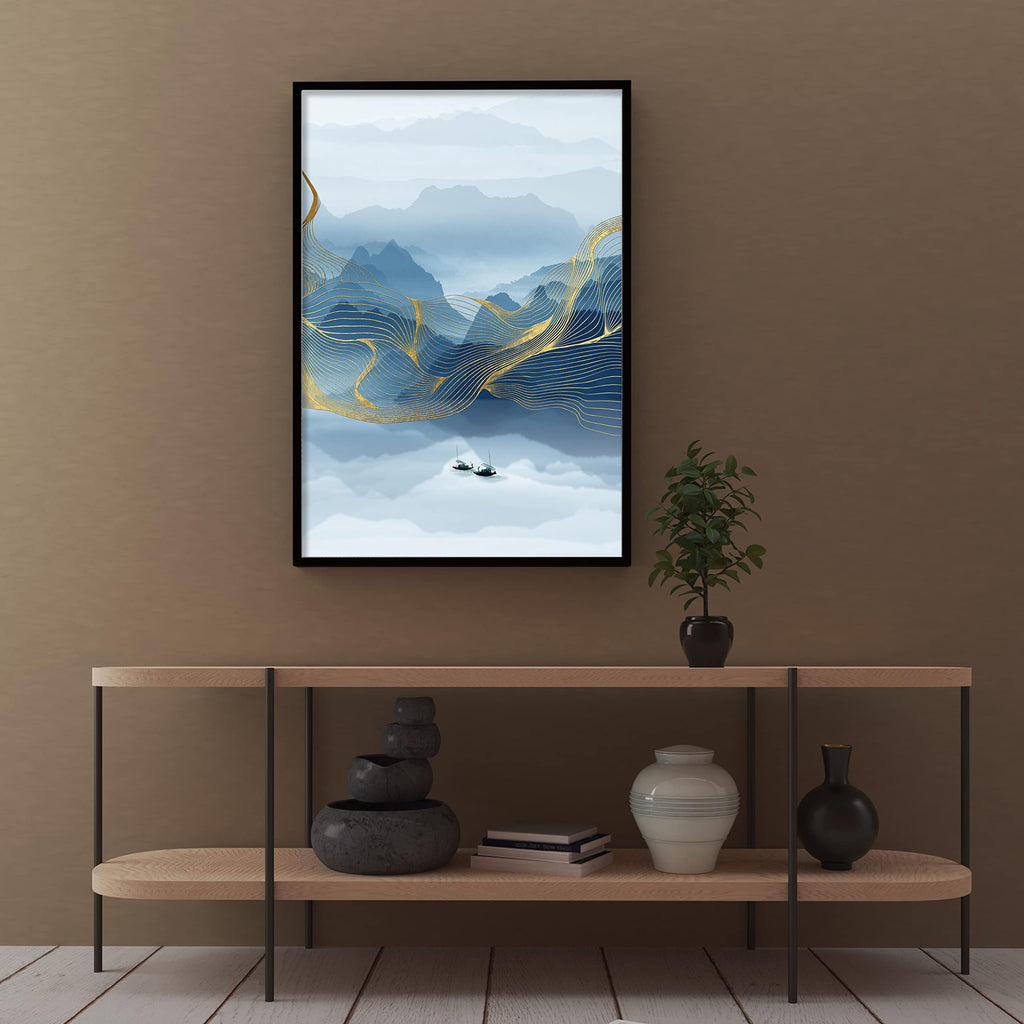 Mountain Landscape Original Abstract Painting Blue Brown, Square Framed Wall Art, Modern Livingroom buy Bedroom Wall Art Home Decor