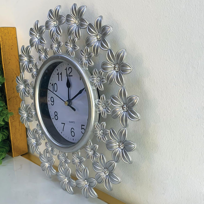 Art Street Antique Design Decorative Flower Wall Clock for Home, Aesthetic Premium Retro Clock Design Unique Wall Hangings (Silver, 25 X 25 Cm)