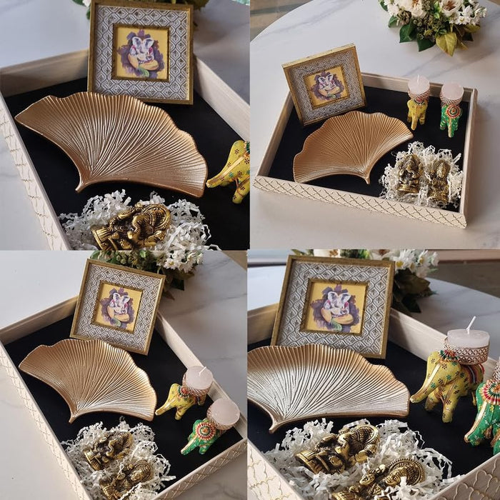 Art Street Diwali Gift Hamper Combo Set, Handmade Decorative & Serving Tray, Table Photo Frame, Traditional Laxmi & Ganesh Statue with Elephant Diya Holder for Pooja Decor (White,15x11 Inch Tray)