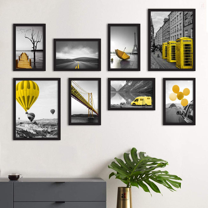 Art Street Set of 8 Framed Painting of Travel Theme for Living Room Decoration (Black Frame, 2 Units A3 and 6 Units A4)