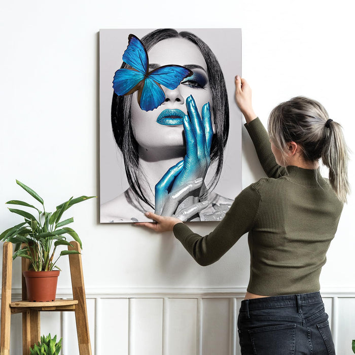 Art Street Stretched On Frame Canvas Painting Women with Blue Butterfly Art (Size: 16x22 Inch)