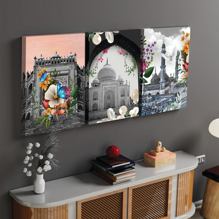 Art Street Stretched On Frame Canvas Painting Taj Mahal & Char Minar Art, Abstract Art (Set of 3, Size: 16x22 Inch)