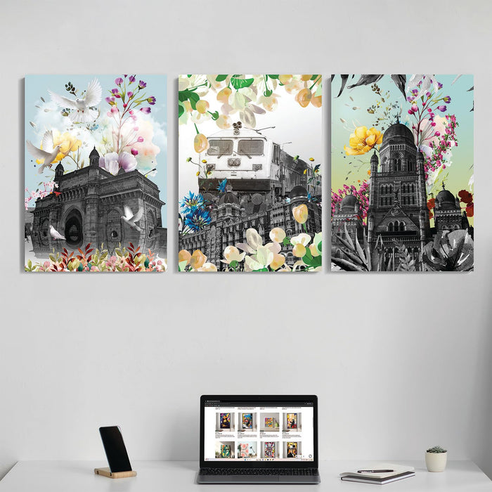 Art Street Stretched On Frame Canvas Painting Ancient Building Art, Abstract Art (Set of 3, Size: 16x22 Inch)
