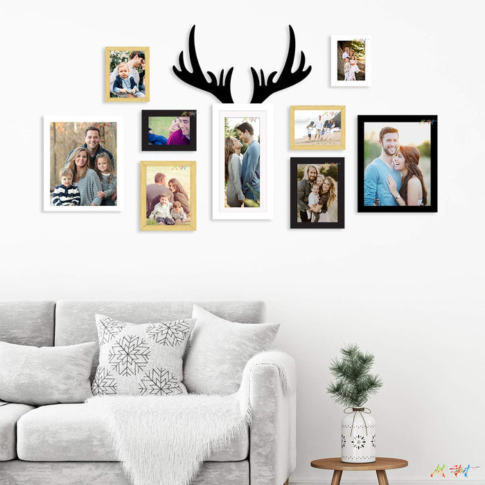 9 Individual Multicolored Wall Hanging Photo Frames With Horn Shape Plaque ( Sizes 4" x 6", 6" x 8", 6" x 10", 8" x 10" )