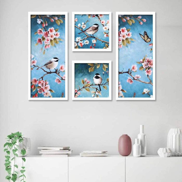 Birds & Flowers Framed Painting / Posters for Room Decoration , Set of 4 Black Frame Art Prints / Posters for Living Room