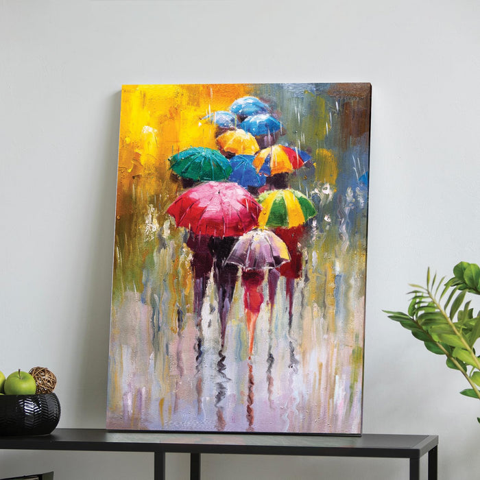 Art Street Stretched On Frame Canvas Painting Colorful Umbrella Art For Wall Décor Abstract Art (Size: 16x22 Inch)