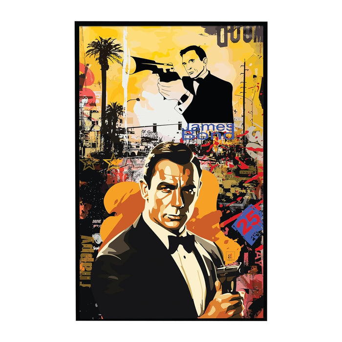 Art Street Framed Canvas Painting James Bond 007 Pop Graffiti Art For Wall Décor Abstract Art (Size: 23x35 Inch)