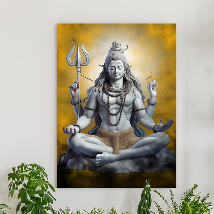 Art Street Stretched Canvas Painting Divine Lord Shiva With Trishul Meditation Wall Art Print Home & Wall Décor (Size: 16x22 Inch)