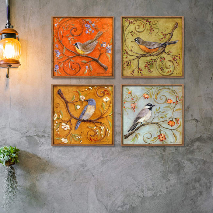 Colorful Bird Theme Set of 4 Framed Canvas